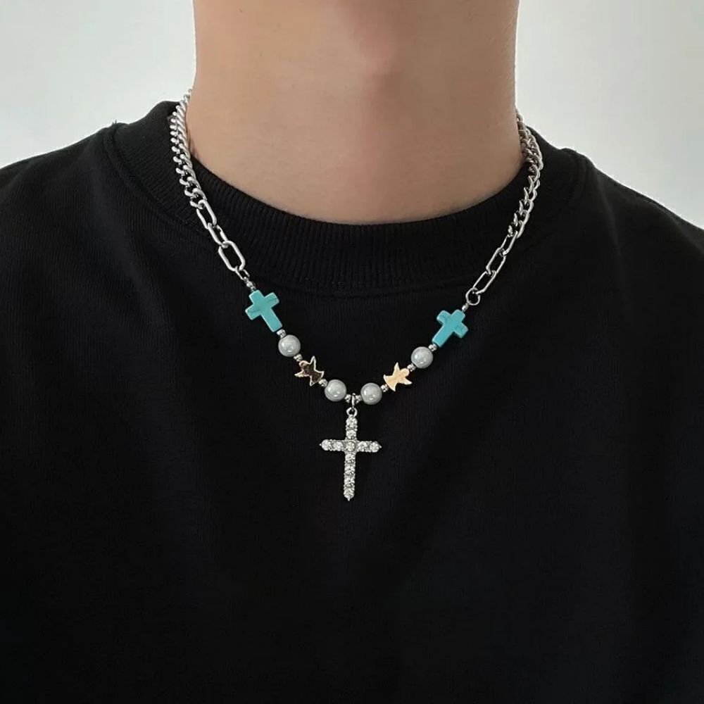Blue Cross Pearl chain necklace